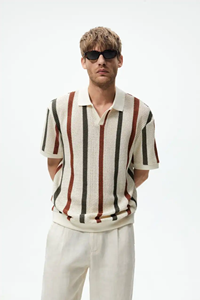 Chemise à manches courtes pour homme, col rayé ajouré en maille légère d'été personnalisée - Product Image 4