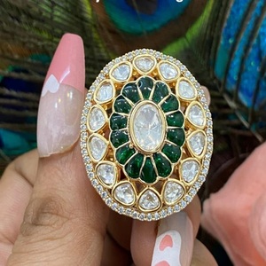 Flower Shape Cocktail <b>Ring</b> With Green And Clear Cubic Zirconia <b>24K</b> <b>Gold</b> Plated Brass For Women Party Wear - Product Image 1