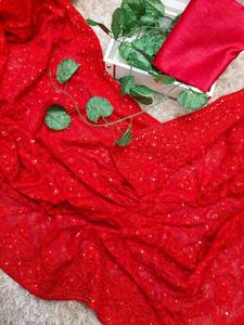 Novia Cena Especial fiesta y lugar de salida desgaste peso ligero Color rojo Faux Georgette Chikkenkari trabajo a mano Sari blusa pieza - Product Image 5