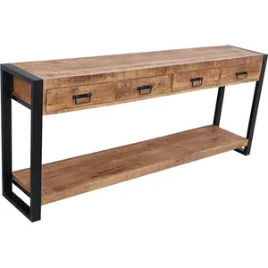 Rough Solid Mango Wood Smooth Natural Finish Industrial Side Table With Four Drawers Entry Hallway Living Room Console Table