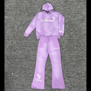 Ensemble de survêtement hiver Terry 100% Coton, couleur unie délavée au soleil, avec sweat à capuche et pantalon de survêtement évasé à imprimé numérique - Product Image 2