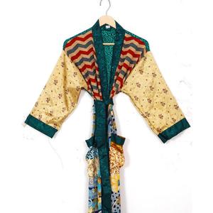 Robe de chambre élégante pour femmes, automne/printemps, robe de plage d'été, couverture de bikini, tricot en soie, patchwork, col en V sur le devant, fermeture à cordon - Product Image 2