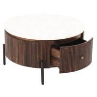Table basse de salon moderne en bois de manguier massif européen, plateau cannelé brun, finition artisanale, plateau en marbre blanc, pieds en métal noir