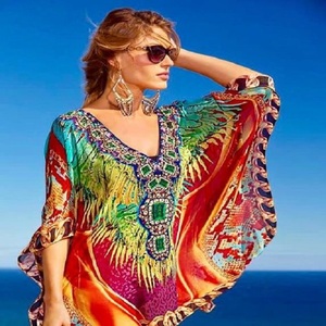 Kaftans en lin de Bali faits main, brodés, décontractés, à col bateau, manches bouffantes, longueur genou, grande taille, tie-dye, pour l'été, personnalisables OEM - Product Image 2