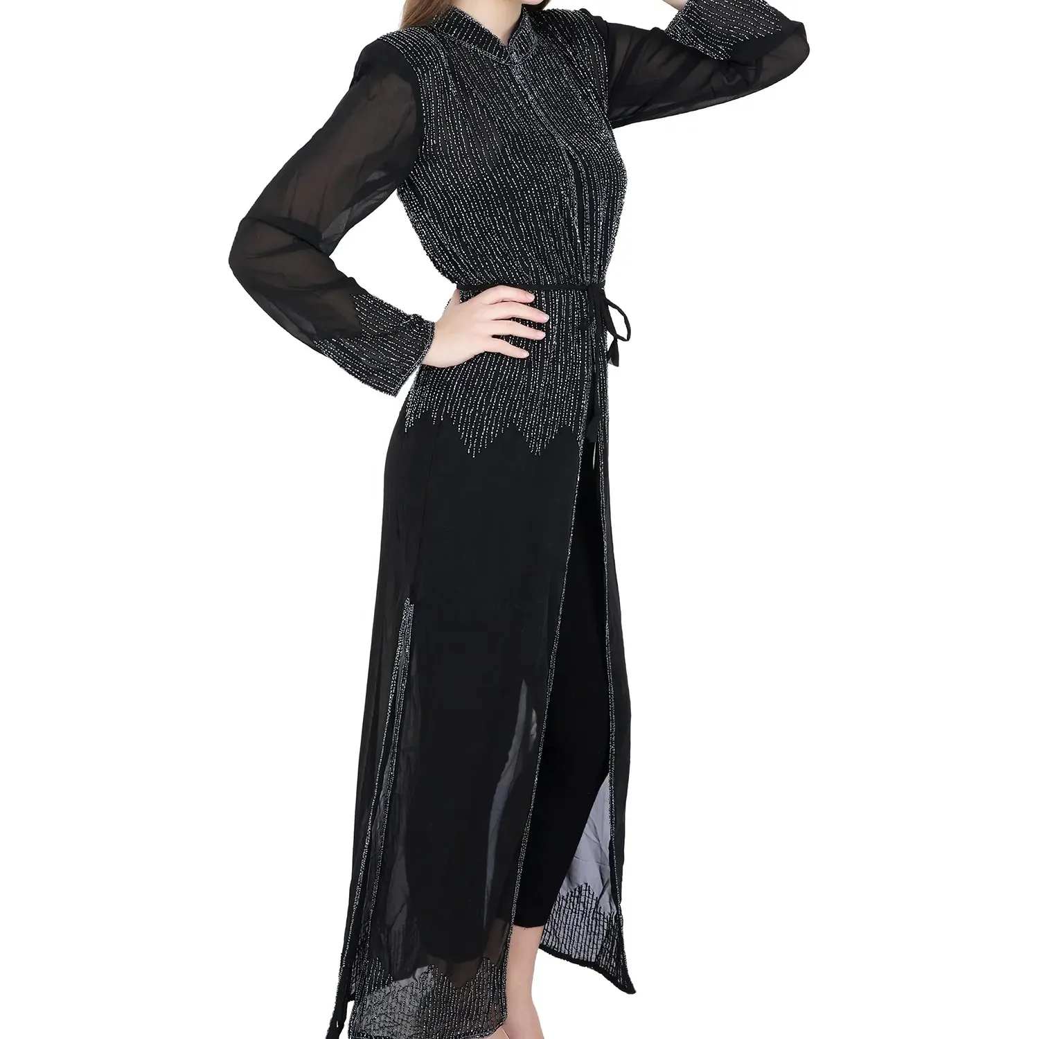 Novo casaco de musselina com contas bordadas à mão, casaco longo abaya com miçangas, vestido maxi feminino com alça espaguete, novidade à venda