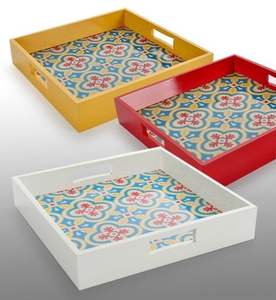 Ensemble de plateaux de service géométriques en bois faits à la main tendance, plateaux décoratifs carrés en laque avec poignées pour table basse, décoration de la maison - Product Image 3