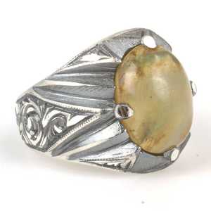 925 <b>Sterling</b> <b>Silver</b> Men's <b>Adjustable</b> Opening <b>Ring</b> with Green Compressed Amber Stone and Handcrafted Pen Design Gift - Product Image 2