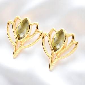 New Arrival Marquise <b>Citrine</b> Birthstone Lotus <b>Earrings</b> Studs Jewelry For Women Wholesale Gold Plated Handmade Studs - Product Image 1
