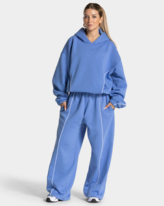 Survêtements pour femmes en deux pièces, taille plus, OEM personnalisé, à capuche, décontracté, surdimensionné, avec passepoil azur, respirant, vêtements de sport actifs, ensembles de survêtement - Product Image 1