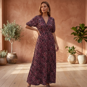 Floral Print V-neck Maxi <b>Dress</b> Boho Style Short Sleeve <b>Loose</b> Fit <b>Summer</b> Casual Woven Breathable Rayon Eco-Friendly Tassel - Product Image 4