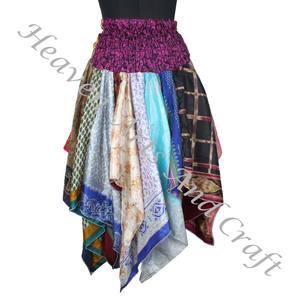 DS003 Urban Tribal Dance Assorted <b>Skirt</b> Silk Long Scarp <b>Skirt</b> Long Handkerchief <b>Skirt</b> One <b>Size</b> <b>Elasticated</b> <b>Waist</b> Sari Patchwork - Product Image 1