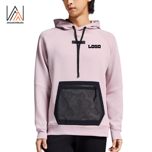 Custom Men Hoodie OEM ODM Pink Pullover Hoodie Front Quarter Zip Mesh Pocket Streetwear Moda Sudadera con capucha Fabricante - Product Image 1