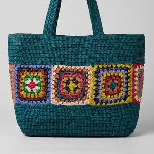 Handwoven Crochet Raffia Tote Bag Open Closure Flowers Checkered Pattern Single Shoulder <b>Handbag</b> Market Carryall for Women - Product Image 5