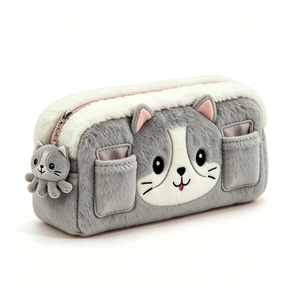 Customized grey cat plush pencil case Cute cat plush pencil pouch with charm Large capacity <b>fluffy</b> cat pen <b>bag</b> Soft plush cat - Product Image 1