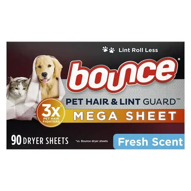 Bounce Pet Hair and Lint Guard Mega Dryer Sheets avec 3X Pet Hair Fighters, parfum frais, 90 pièces