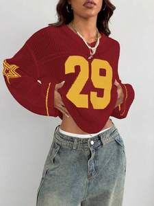 Women's Loose Fit Fall <b>Fashion</b> Streetwear Pullover Red Mesh Knit Jersey Sweater Yellow 29 Print Embroidered <b>Stars</b> Yellow Sleeves - Product Image 2