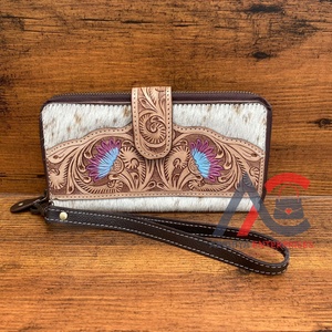 Offre Spéciale Western Hair On & Hand Tooled Leather Turquoise Floral Wristlet Wallet For Women's Western Cowhide Credit Card Wallets - Product Image 1