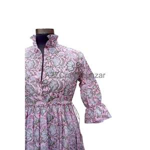 Robe midi en coton vintage pour femmes, col en V, manches courtes, écologique, légère, style minimaliste, décontractée, imprimé floral, respirante - Product Image 3