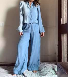 ชุดเสื้อกางเกงผ้าเครปสองชิ้นสำหรับผู้หญิงชุดเสื้อใส่ในเลานจ์ผ้าฝ้าย100% ระบายอากาศได้สำหรับผู้หญิง - Product Image 2