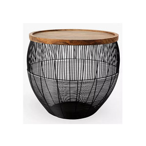 Table basse de luxe en fil de fer en métal avec dessus en bois pour chambre à coucher table basse de forme ronde vente en gros de meubles au design moderne - Product Image 1