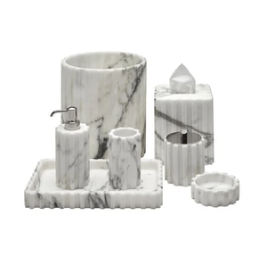 Ensemble de salle de bain 6 pièces en marbre blanc avec porte-mouchoirs Distributeur de shampoing Plateau à savon Porte-dentifrice Accessoires de salle de bain de qualité - Product Image 3