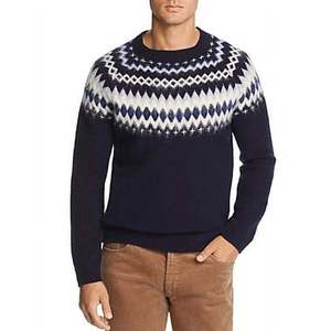 Pull en laine mérinos pour homme Bloomingdale's, motif Fair Isle, bleu tendance, avec logo imprimé, tricot fin pour le printemps et l'automne - Product Image 2