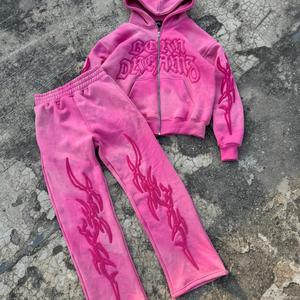 Full Zip up Side Pocket Oversize Sun Faded Vintage Distressed Graphic Print Sweatsuit Full Zip up <b>Hoodie</b> Baggy Tracksuit Women - Product Image 6