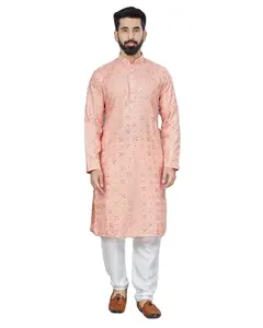 Wedding Party Causal Wear Cotton Mirror Work Men's Kurta With Pure Cotton Pajama Best Quality At Lowest Price Supplier India