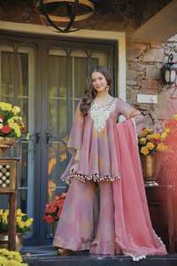 Pakistani Designer Party Wear Silk <b>Top</b> With Plazo and Net Dupatta Suit, Premium <b>Indian</b> Kurti With Sharara & Dupatta Set - Product Image 3