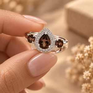 Bague Halo en Argent Sterling 925 avec Topaze Fumée Coupe Poire, Bague de Fiançailles Classique pour Femme avec Pierre Précieuse - Product Image 4