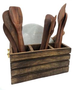 ที่ใส่ช้อนส้อมไม้แนวชนบทมี4ช่องที่วางช้อนและที่หนีบหม้อสำหรับใช้ในครัว - Product Image 2