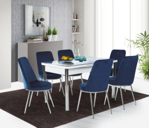 Juego de Comedor Moderno de Lujo con 6 Sillas, Extensible, con Cubierta de Vidrio Templado, Patas de Metal y Construcción Duradera de Aglomerado - Product Image 1