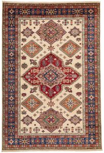 Tapis traditionnel kazakh en laine ivoire et multicolore Tapis et ensembles présentant un design tribal - Product Image 2