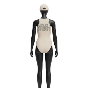 Maillot de bain de luxe pour femme en nylon et élasthanne, beige avec empiècements noirs sur les côtés, logo personnalisé en strass thermocollés - Product Image 2