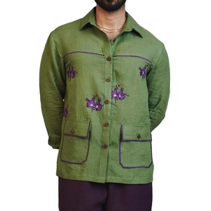 Camisa Casual de Verano para Hombre, Transpirable, de Algodón y Lino, con Bordado Floral, Manga Larga, Cuello Clásico, Estilo Urbano - Product Image 1