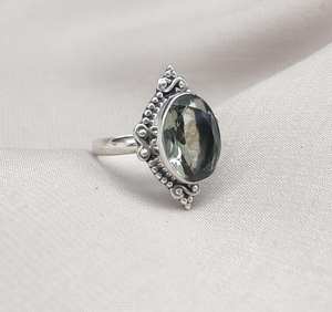 Vintage Green Amethyst 925 Sterling <b>Silver</b> Ring Faceted Oval Boho Statement Ring - Product Image 4