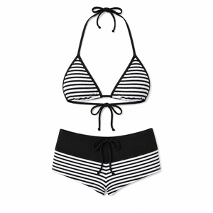 Conjunto de bikini triangular de 2 piezas a rayas para mujer con cordón y cintura alta, traje de baño sin costuras para playa - Product Image 1
