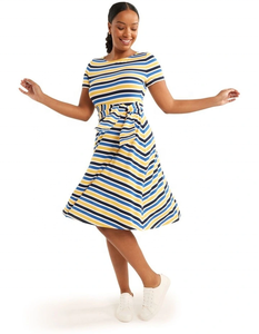 Vestido Midi Casual de Moda para Mujer, Manga Corta, Cinturón de Tela, Corte Entallado, Falda con Vuelo, Jersey a Rayas en Color Marfil - Product Image 1