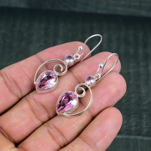 Pendientes colgantes de kunzita con luz rosa de plata 925, joyería de piedras preciosas con brillo suave para mujeres modernas para fiesta y regalo - Product Image 3