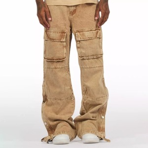 Fournisseur de jeans Jeans baggy en denim délavé personnalisé Vintage Multi-poches Pantalons cargo surdimensionnés empilés - Product Image 1
