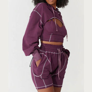Women 3 Piece Set Contrast Stitching Crop <b>Top</b> Hoodie <b>Bolero</b> Cami High Waist Shorts Streetwear Casual Tracksuit Sweatshirt Set - Product Image 2