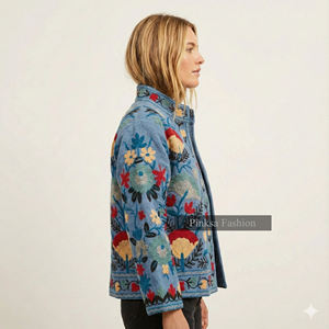 Wholesale Blue Floral Embroidered Knitted Cotton Eco-Friendly Windproof <b>Jacket</b> for <b>Women</b> Handmade Suzani Ethnic Style Winter - Product Image 3
