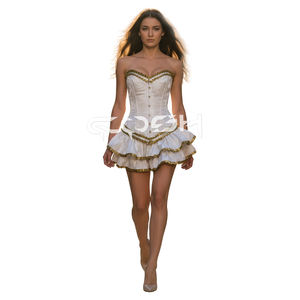 Corset victorien blanc en brocart avec baleines en acier et bordure en ruban doré à volants - Product Image 3