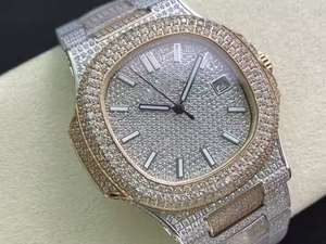 Montre de luxe en diamant pour unisexe, bracelet en cuir analogique, boîtier en acier inoxydable plaqué or, mouvement mécanique - Design élégant - Product Image 1