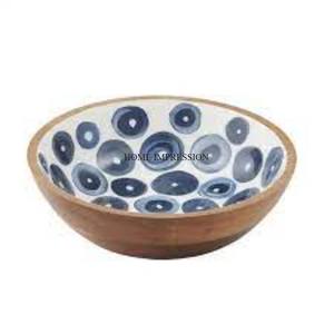 Cuenco de forma redonda hecho de madera de mango de diseñador ventajoso con color azul y blanco Diseñador único esmaltado en el interior de la India - Product Image 3