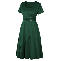 Vestido de Noche Elegante para Mujer con Cuello en V y Manga Corta - Vestido Largo Ajustado de Fiesta Color Verde Esmeralda