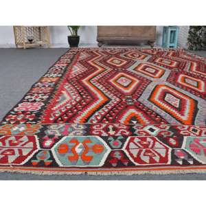 Alfombra Turca Vintage Grande de 6.4x10.7 pies, Alfombra de Lana a Rayas Roja y Naranja - Product Image 5