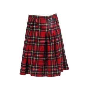 Saia com fivela de couro sintético Europa Roupas masculinas Vestido Tartan Escocês Kilt de cintura plissada xadrez vermelho