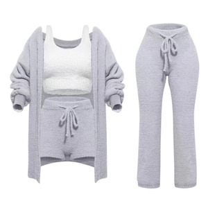 Cárdigan de manga larga de felpa de punto liso informal, chaleco de talla grande, conjuntos a juego, pantalones cortos, pantalones largos, parte superior de lona de 3 piezas - Product Image 6