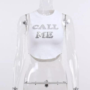 2024 Custom Logo Summer Knitted Cotton Spandex Soft Sequined Girls Tank <b>Top</b> Vest <b>Sequin</b> Word Curved Hem Women Cropped Tank <b>Top</b> - Product Image 6